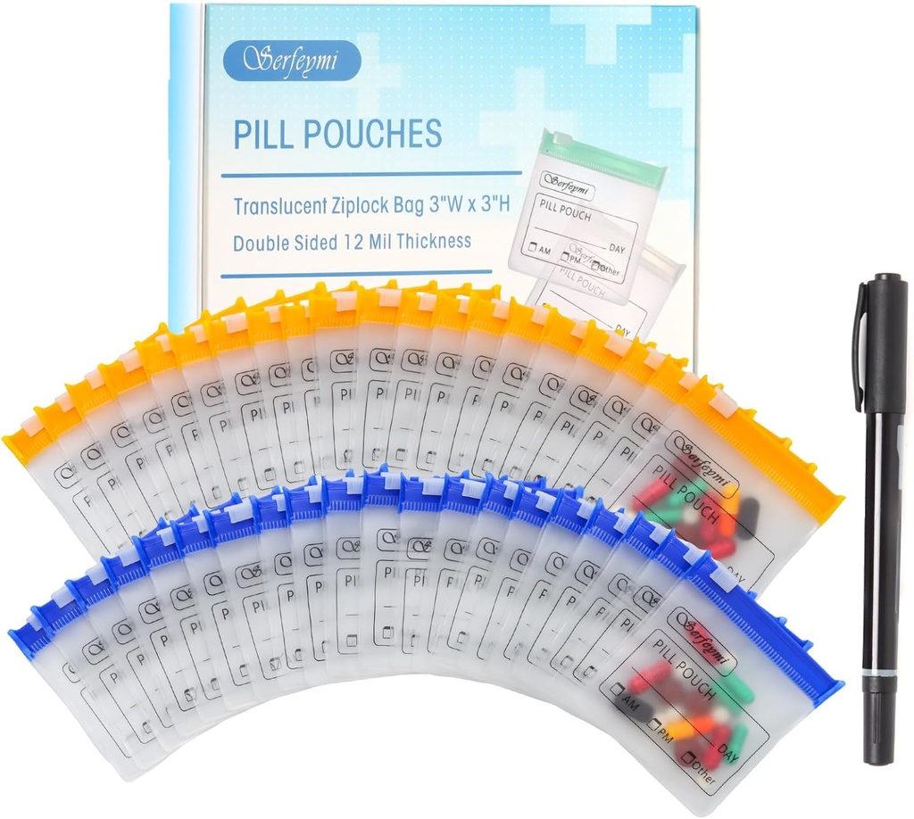 Serfeymi 72 Defs Pill Pouch Bag for Travel Reusable Plastik Çanta 3"x3" 12 mil (Çift Taraflı) Translucent Ambalaj ve Writable Label ile Tıp için Pill Pouches, 1x Marker-Mavi+ Sarı sarı sarı