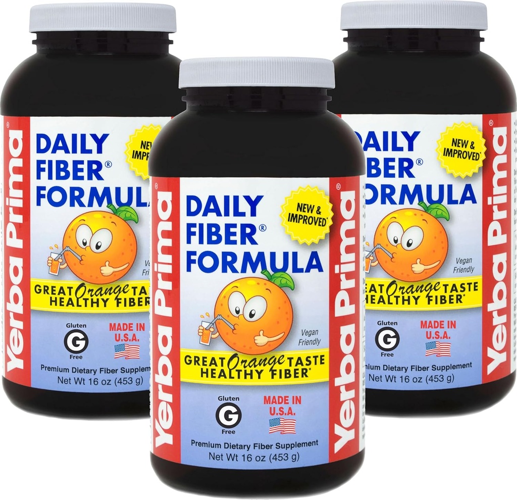 Yerba Prima Daily Fiber Formula 16 oz Powder (πακέτο των 3) - Great Tasting Premium Dietary Fiber Supplement, Made in ΗΠΑ, Non-GMO, Gluten Free, Natural Orange Flavor