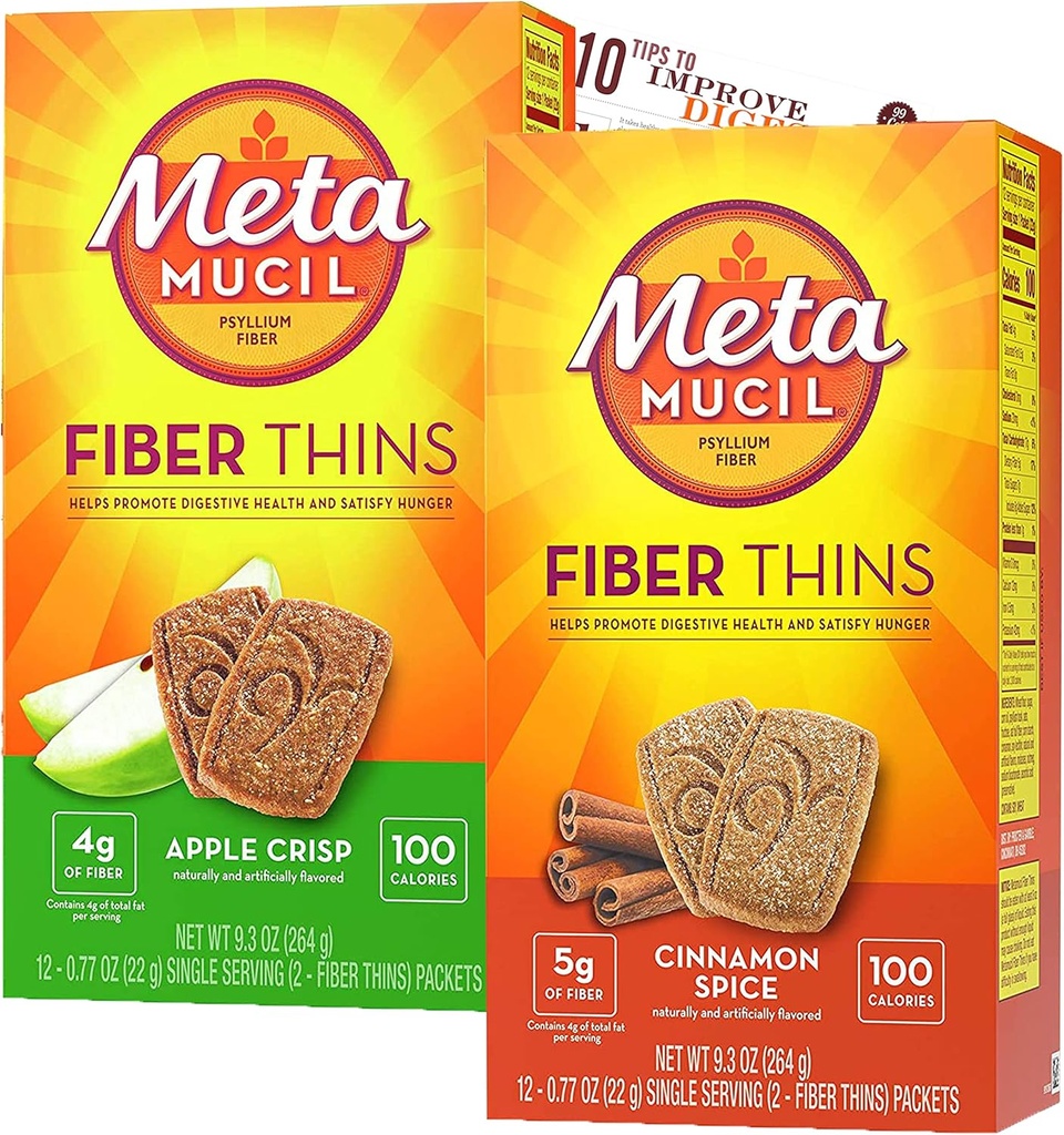 Metamucil Fiber İnces Fiber Supplement with Bleam Digestive Health Support Tip Card Psyllium Fiber Bars - 12CT Apple Crisp & 12CT Cinnamon Spice - Set