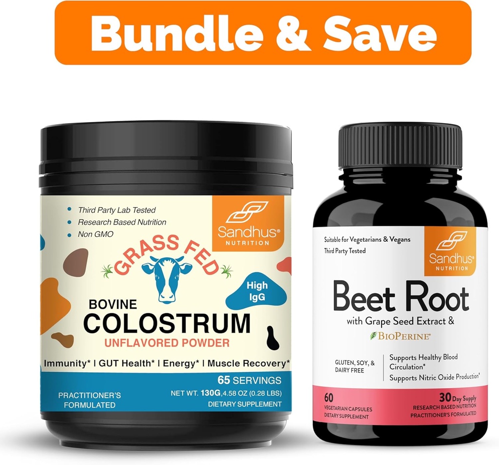 Sandhu's Pure Bovine Colostrum Toz Supplement for Humans & Beet Root Toz with Bioperine Capsules| Supports Immune, Gut, Muscle & Health Levels