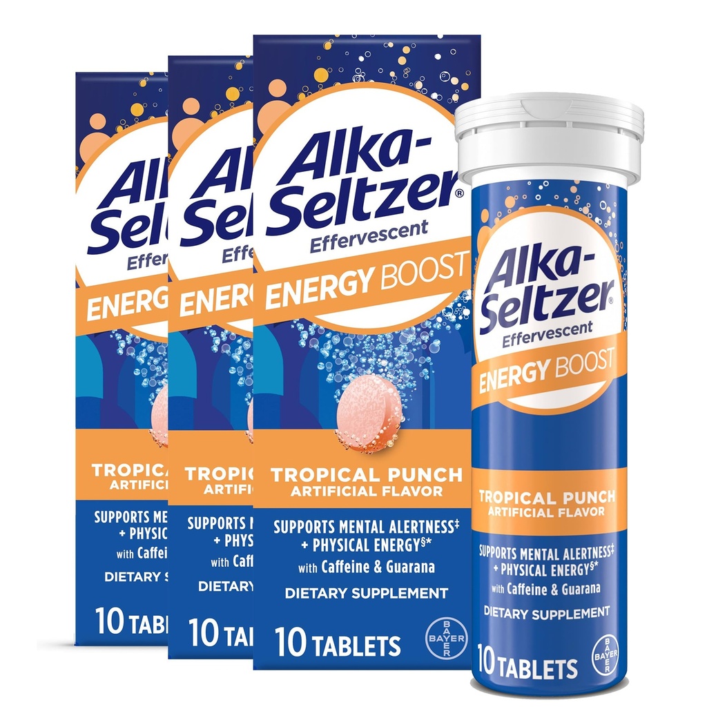 Alka-Seltzer Energy Boost: Καφεΐνη & Guarana, Βιταμίνες Β, Υποστηρίζει ψυχική εγρήγορση και φυσική ενέργεια, ημερήσιο συμπλήρωμα ενέργειας, Fizzy δισκία, χωρίς ζάχαρη, ελαφρύ τροπικό άρωμα παντς, 30ct