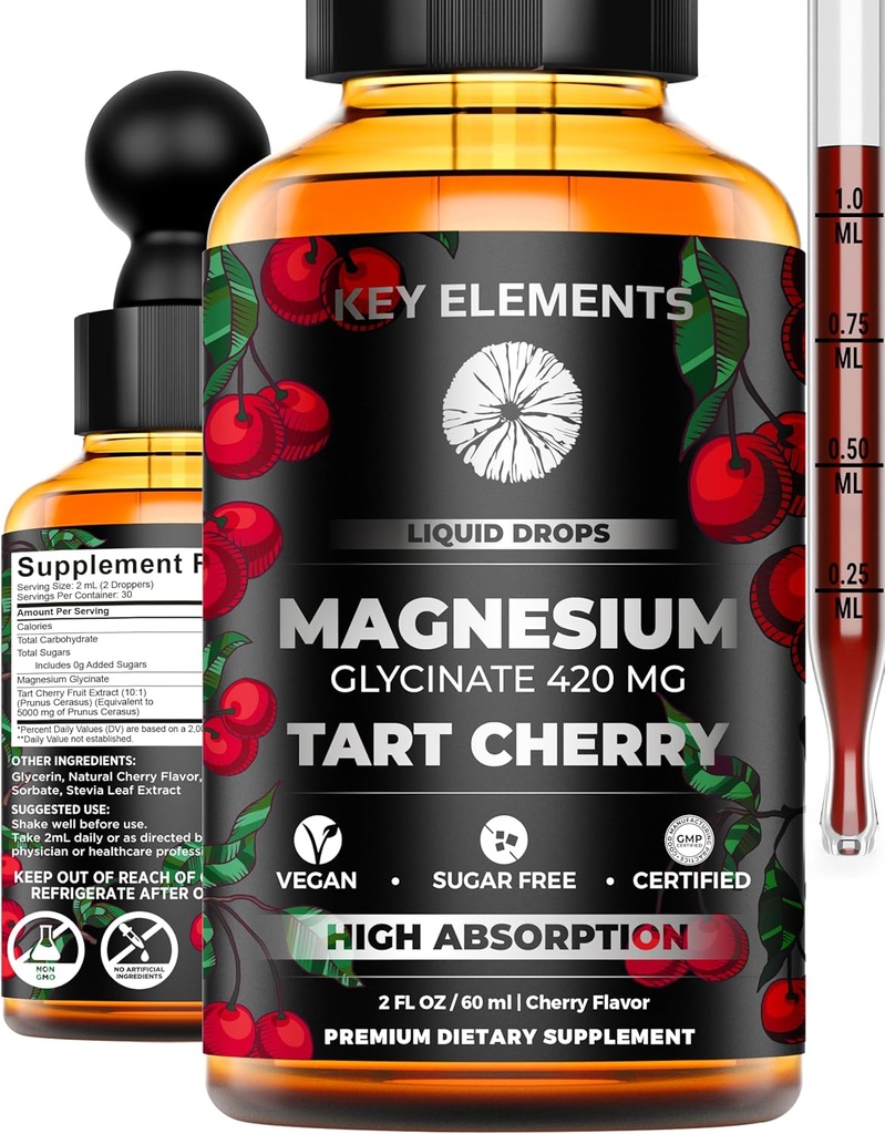 Sıvı Magnezyum Glycinate 420 Mg with Natural Tart Cherry Extract | Magnezyum Glycinate Drops Supplement for Sleep, Mood & Mobility Support | Tart Cherry Extract