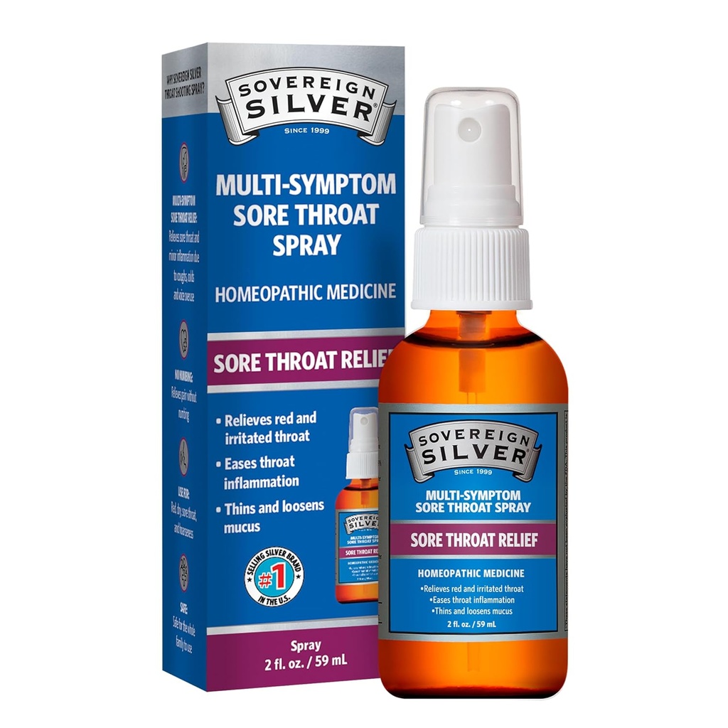 Sovereign Silver Sore Throat Spray - Colloyal Silver Throat Spray, Immune Support Supplement for Adults and Kids, Καθημερινή Χρήση Υγρού Argentum Nitricum Solution - 2 fl oz (59mL)