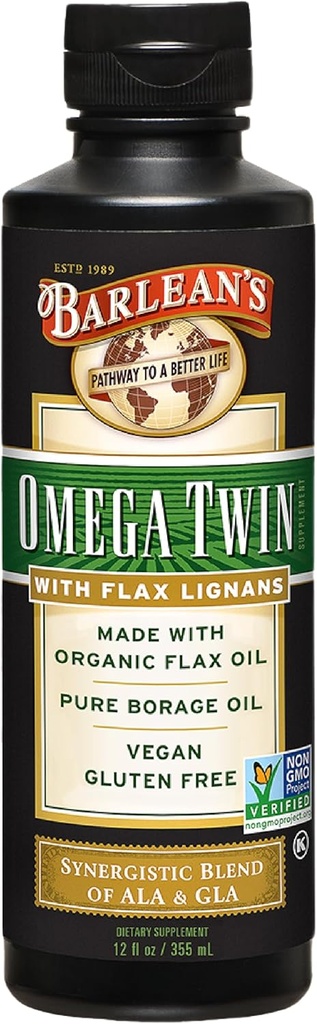Omega Twin Liquid Flaxseed Oil της Barlean και Pure Borage Oil Συμπλήρωμα με Lignans, 6,010mg ALA και 465mg GLA Ωμέγα Λιπαρά Οξέα από οργανικούς σπόρους flax και κρύους σπόρους βόρακα, 12 oz