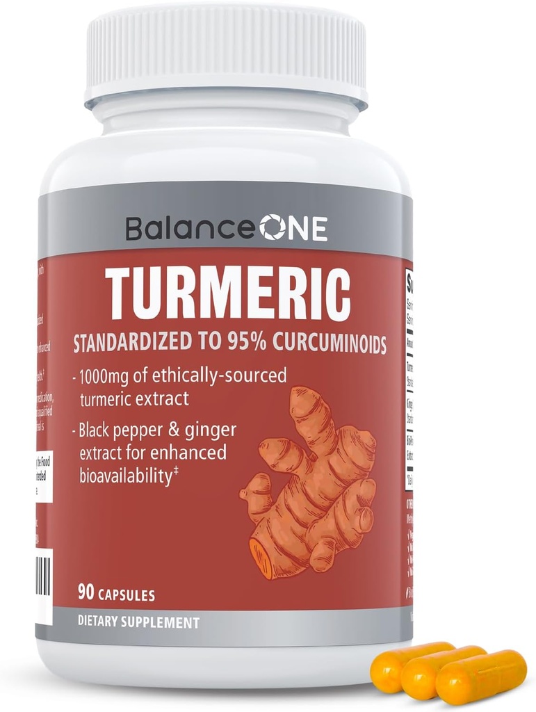 Ισορροπία ONE Turmeric Extract 1000mg με μέγιστη δύναμη 95% Κουρκουμινοειδή - Turmeric Curcumin Supplement for Joint Comfort & Antioxidant Support - εκχύλισμα τζίντζερ και BioPerine - 1 Μήνα προσφοράς