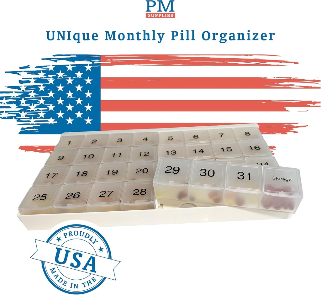 Unique XL Monthly Pill Organizer 31 bölüm, günde 1, 4 Hafta Tam Ay 31 Günü Pill Organizer, Tray ve 8 Ekstra Büyük Yeniden Taşınmaz bölmeleri içerir
