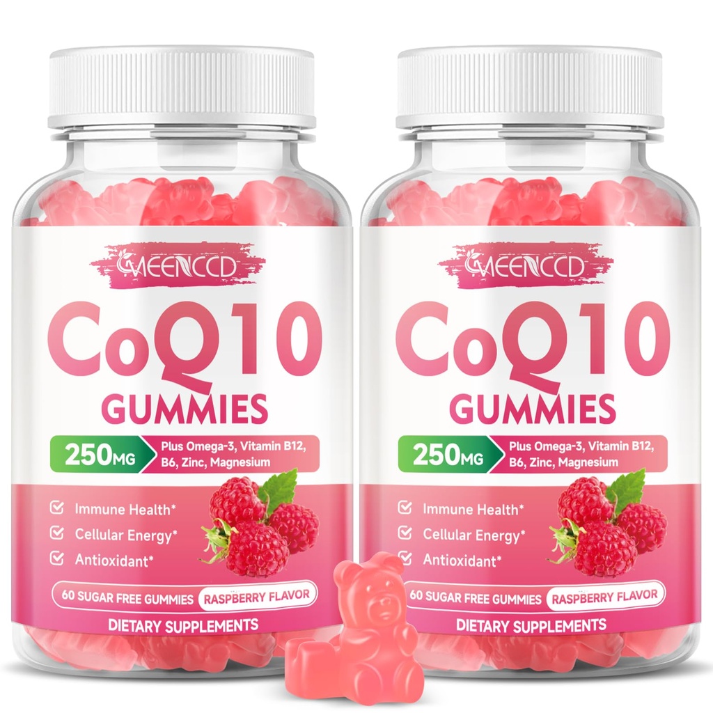 Χωρίς ζάχαρη CoQ10 Gummies 250mg, Συμπληρώματα Συνένζυμου Q10 Plus Ωμέγα-3, Βιταμίνη Β6 & Ψευδάργυρος, Υψηλή Απορρόφηση CoQ10 Συμπλήρωμα για Κυτταρική Ενέργεια & Αντιοξειδωτική Υποστήριξη, Γεύση Βατόμουρου, Vegan 120Cts