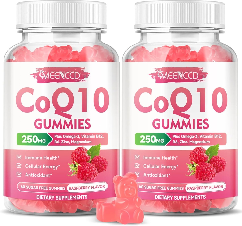 Sugar-Free CoQ10 Gummies 250mg, Coenzyme Q10 Supplements Plus Omega-3, Vitamin B6 & çinko, High Abpole CoQ10 Proular Energy & Antioksi Support, Raspberry Flavor, Vegan 120Cts