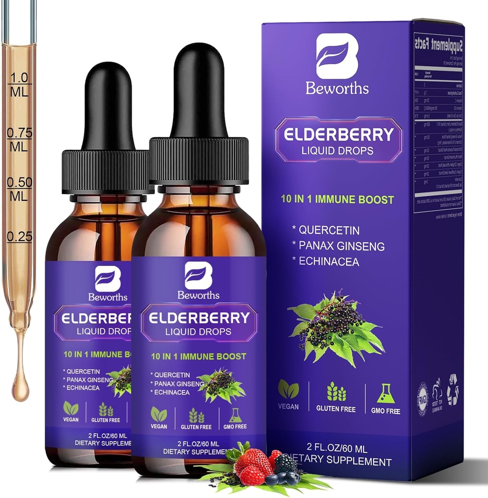 2 Πακέτο Syrup Elderberry, Black Elderberry Drops με Quercetin, Panax Ginseng, βιταμίνη C και ψευδάργυρο, Sambucus Elderberry Syrup Liquid για την ανοσοποιητική υποστήριξη, Vegan, Non-GMO & Gluten Free