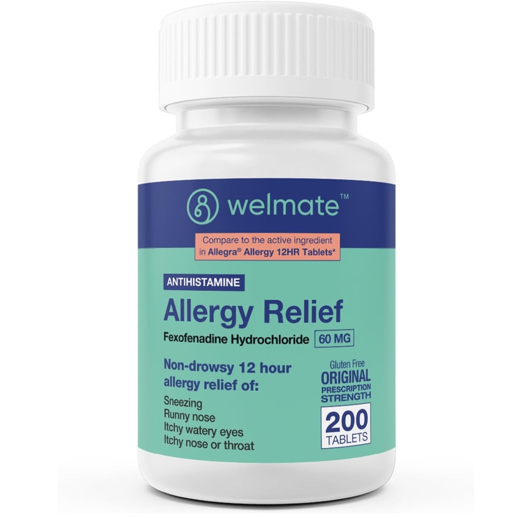 WELMATE - Antivirüs Yardımı - Fexofenadine HCl 60 mg - 12 Saat Non-Drowsy Antihistamin - Sneezing - Runny Nose - Itchy Eyes, Nose & Throat - Antis