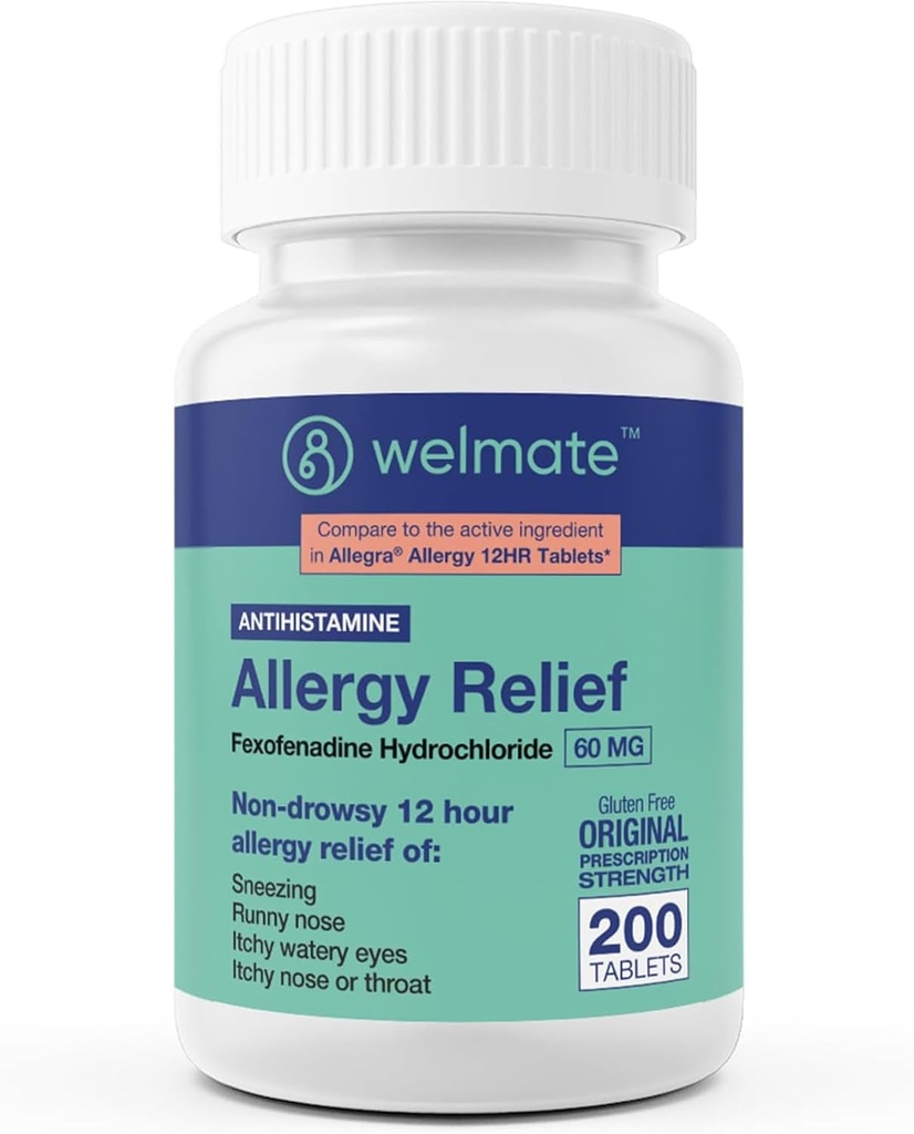 WELMATE - Antivirüs Yardımı - Fexofenadine HCl 60 mg - 12 Saat Non-Drowsy Antihistamin - Sneezing - Runny Nose - Itchy Eyes, Nose & Throat - Antis