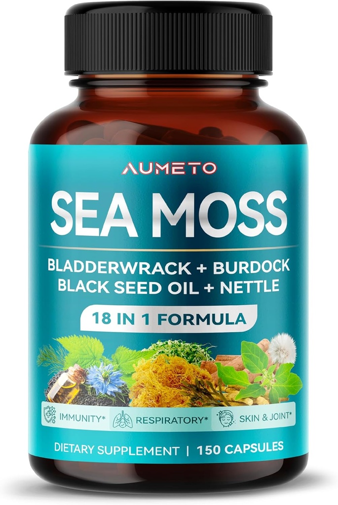 Premium Sea Moss Supplement with Black Seed Oil, Ashwagandha, Bladderwrack, Nettle- Advanced 18-in-1 Formula for Immunity Boosting, Mineral-Rich - Made in the USA (150 Count)