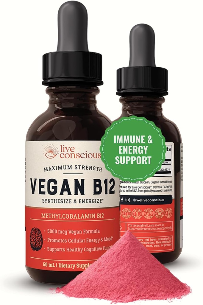 Live Conscious Vegan B12 Sublingual Liquid Drops | Torchcobalamin Max Strength B12 500006 Formula | Vegan B 12 Vitamin Destek Enerji | Memory & Aid Immune System | 60 Servis