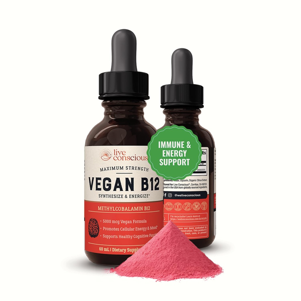 Live Conscious Vegan B12 Sublingual Liquid Drops | Torchcobalamin Max Strength B12 500006 Formula | Vegan B 12 Vitamin Destek Enerji | Memory & Aid Immune System | 60 Servis