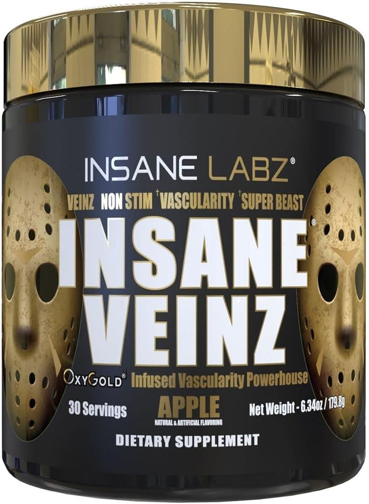 Insane Veinz Gold, Nitric Oksit Non Stimulant pre Workout Toz, Hydromax ile Yüklendi, Vascularity ve Kan Akışını Arttır, 30 Srvgs, Apple Apple