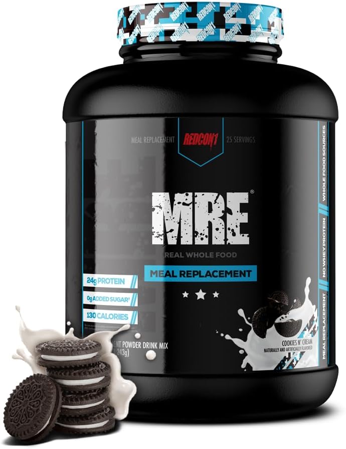 REDCON1 MRE πρωτεϊνη σε σκόνη, Cookies N' Cream - Μείγμα πρωτεΐνης αντικατάστασης γεύματος Κατασκευασμένη με λάδι MCT & ολόκληρα τρόφιμα - Πρωτεΐνη με φυσικά συστατικά για να βοηθήσει στην αποκατάσταση των μυών (25 μερίδες)