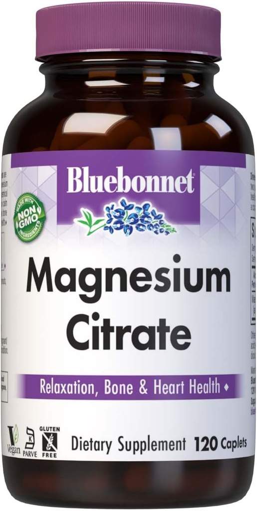 Bluebonnet Nutrition Magnesium Citrate, 400mg of Magnesium, Maximum Absorption, Supports Immune Health & Energy Production*, Soyfree, Gluten-Free, Non-GMO, Kosher, Dairy Free, Vegan, 120 Caplets