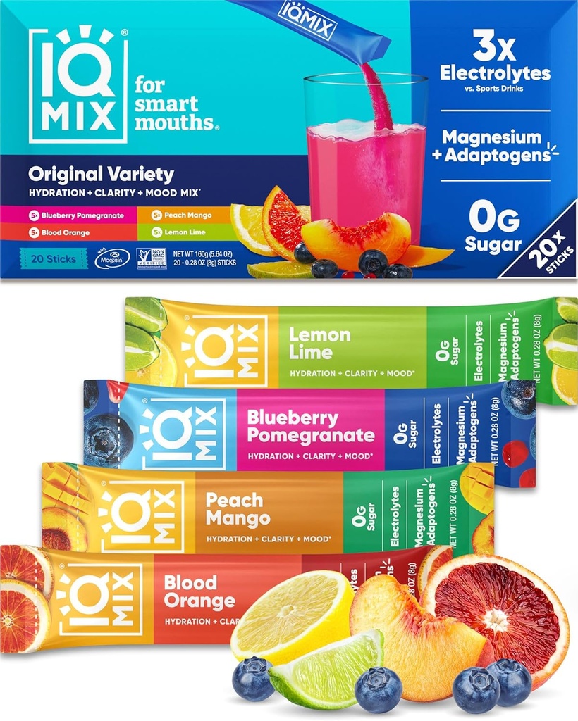 IQMIX Hydration Electrolyte Powder – 4-σε-1 Formula for Hydration, Mental Clarity, Mood and Recovery – Sugar-Free Drink Mix, Keto, Magnesium L-Threonate, Mane του Λέοντος – 20 Count Variety Pack