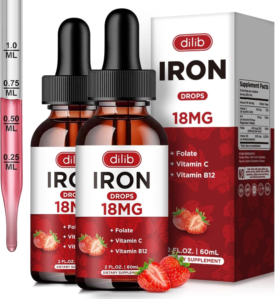 (2 Pack) Kadınlar ve Erkekler Iron Drops Iron Supplements için biremi için Folate, C, B12 Red Blood Hücre Desteği-Strawberry için 4 Fl Oz Oz Oz Oz