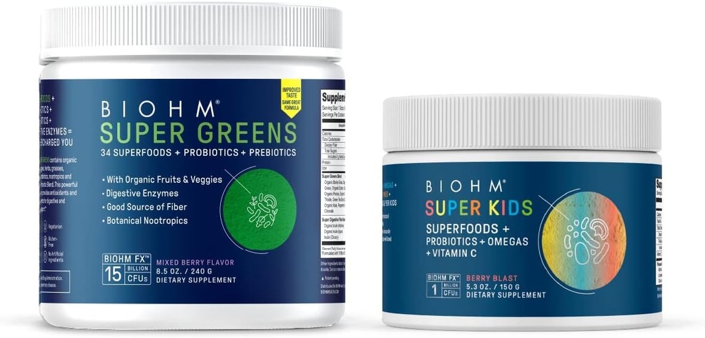 BIOHM Super Greens ve Super Kids Sche, Green Superfood Toz Antioksi Veggies with Kids Superfood Plus Probiyotiks, Berry Flavor, 30 Her Şeye Hizmet Ediyor