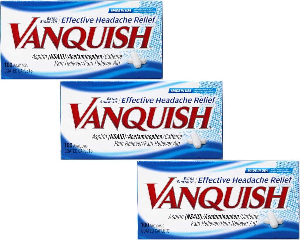 Vanquish Etkili Baş Ağrısı - aspirin (NSAID), Acetaminophen, Caffeine, 100 Analgesic Cover Caplets - 3 Pack