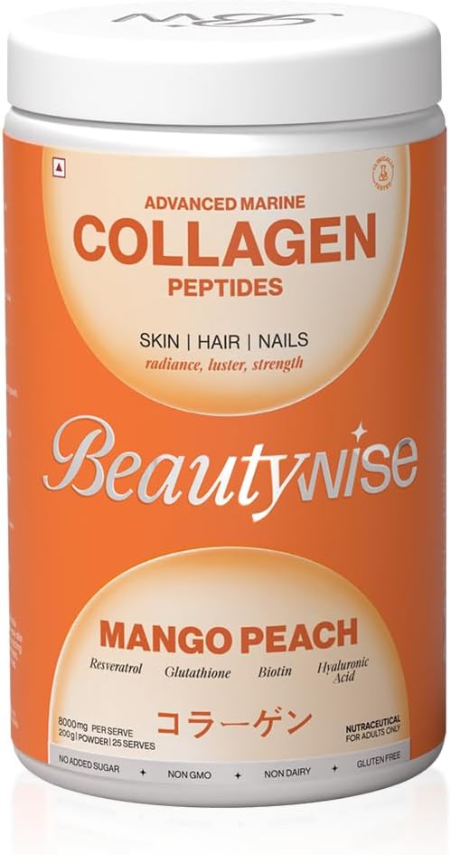 Beautywise Advanced Marine Collagen Proteins Powder with Hyaluronic Acid, Glutathione & Biotin | No Smell & Easy to Mix with No Added Sugar 250G(Mango-Peach Pack of 1)