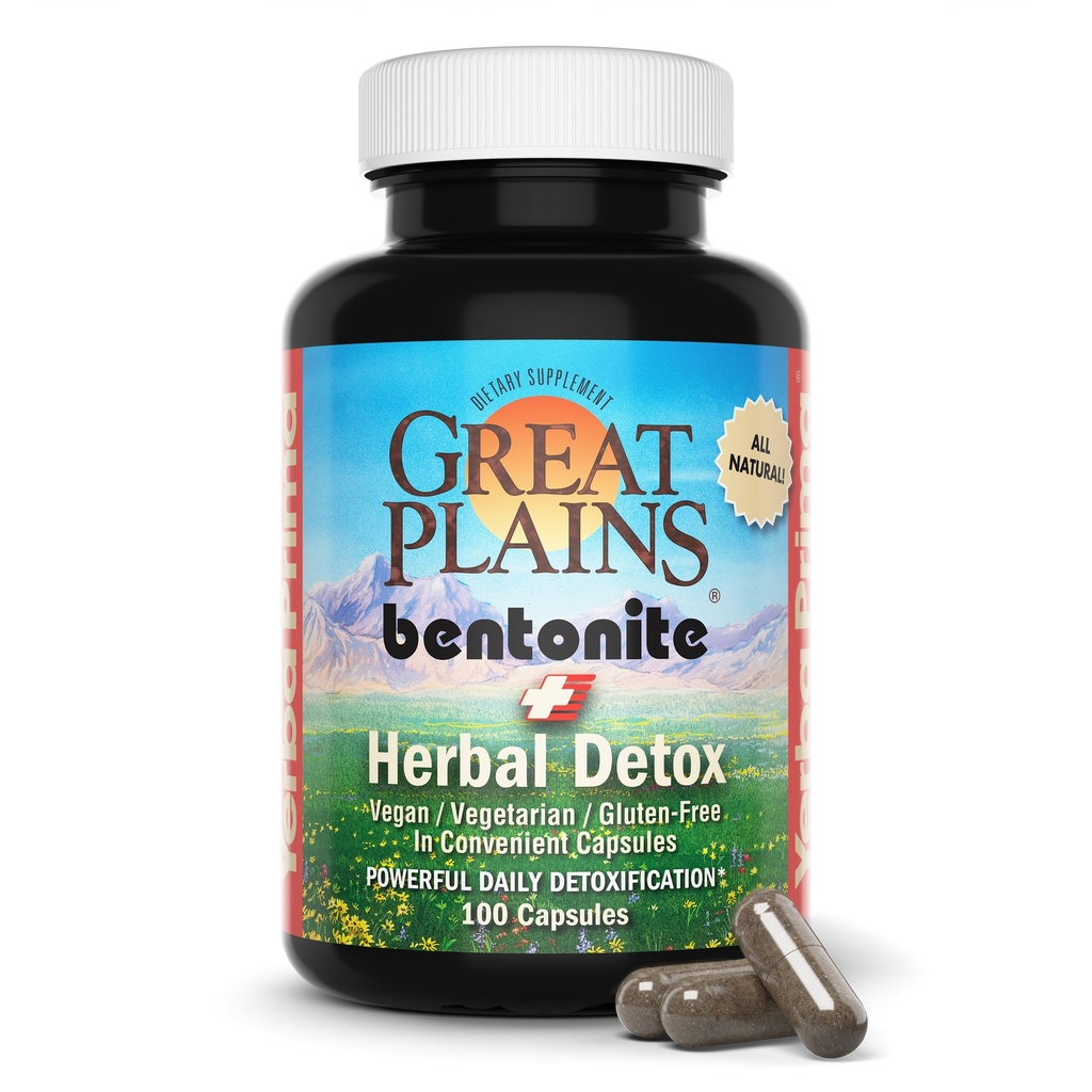 Yerba Prima Bentonite Clay Plus Herbal Detox, 100 κάψουλες Veg - Κρέας τροφίμων από τις Μεγάλες Πεδιάδες, ΗΠΑ - Colon & Liver Cleanse συμπλήρωμα με ασβέστιο Κλέι