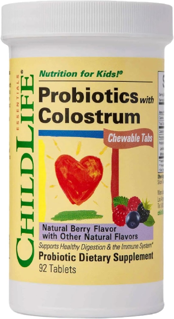 Çocuklar için Colostrum- Probiyotikleri, Digestive Health, Chewables, Children's Probiyotik, Colostrum for Kids, Gluten Free - Natural Berry, 92 Tablet