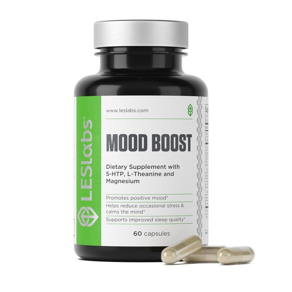 LES Labs Mood Boost – Stres Yardımı, Mood Support, Deep Relaxation & Better Sleep – 5-HTP, Ashwagandha, Rhodiola Rosea, Magnezyum, L-Theanine & GABA – Non-GMO Supplement – 60 Capsules