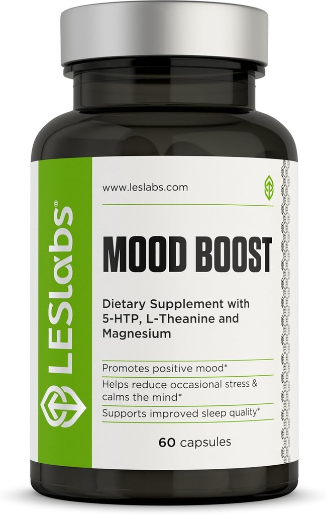 LES Labs Mood Boost – Stres Yardımı, Mood Support, Deep Relaxation & Better Sleep – 5-HTP, Ashwagandha, Rhodiola Rosea, Magnezyum, L-Theanine & GABA – Non-GMO Supplement – 60 Capsules