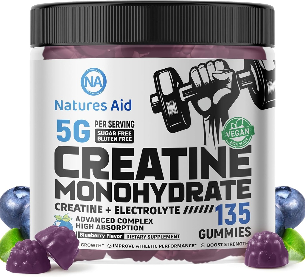 Natures Aid Kretine Monohidrat Gummies (5g) – Erkekler ve Kadınlar için Pre-Workout Enerji ve Kas Büyüme Desteği | Blueberry Electrolyte Gummies (135) Count