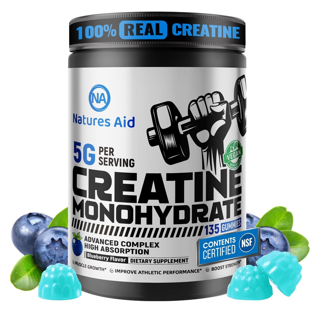 Natures Aid Kretine Monohidrat Gummies (5g) – Erkekler ve Kadınlar için Pre-Workout Enerji ve Kas Büyüme Desteği | Blueberry Electrolyte Gummies (135) Count
