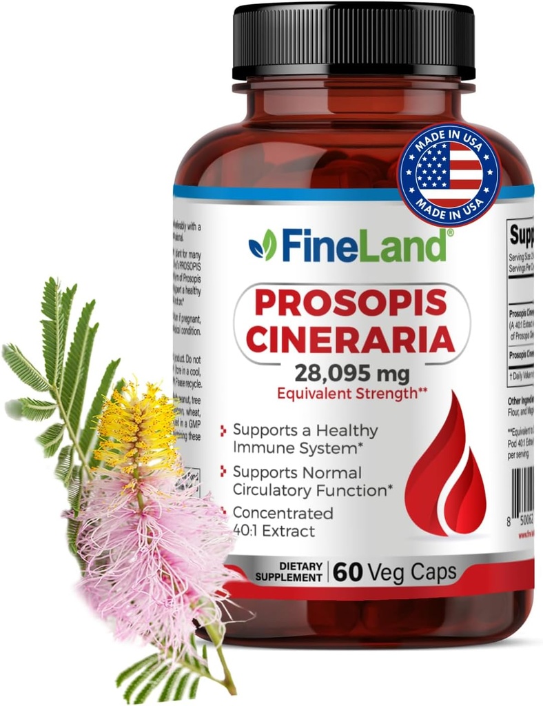 FineLand Prosopis Cineraria 40:1 Extract – 28,000 mg Max Strength – Full Spectrum – Υποστηρίζει χοληστερόλη, κυκλοφορία & αρτηριακή υγεία – Μη ΓΤΟ, Χωρίς γλουτένη – 60 κάψουλες Vegan