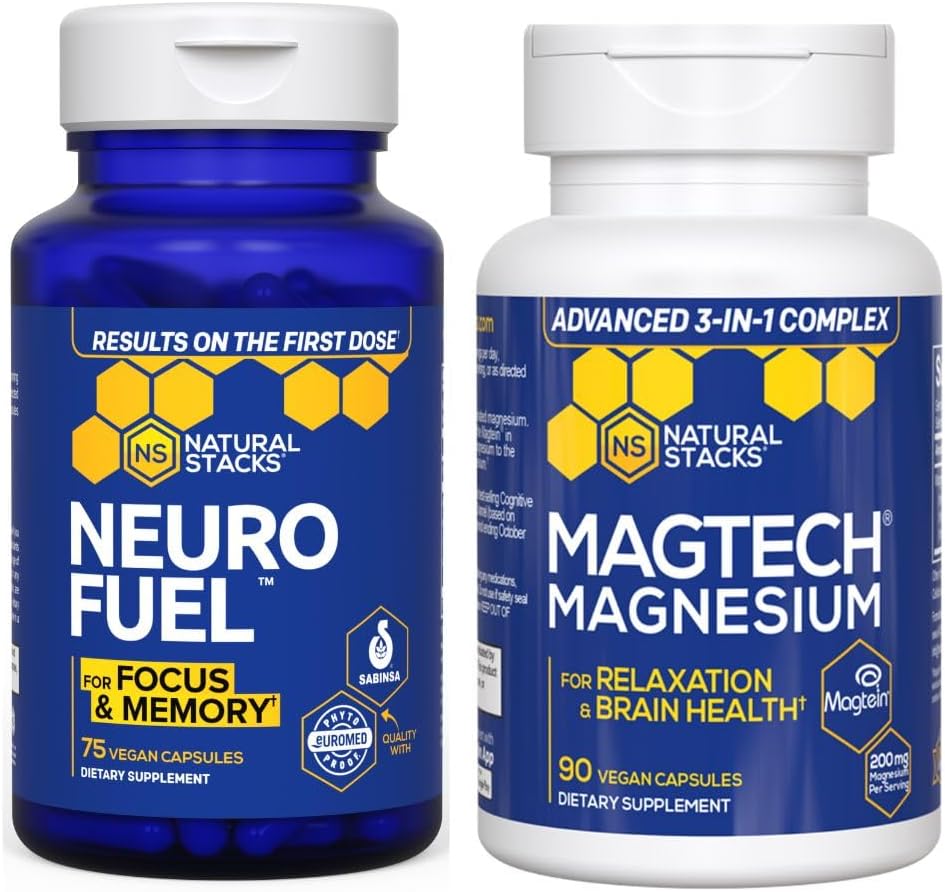 NATURAL STACKS MagTech Magnezyum + NöroFuel Nootropic Sche - Supports Relaxation, Focus & Brain Health* - 165 Total Capsules