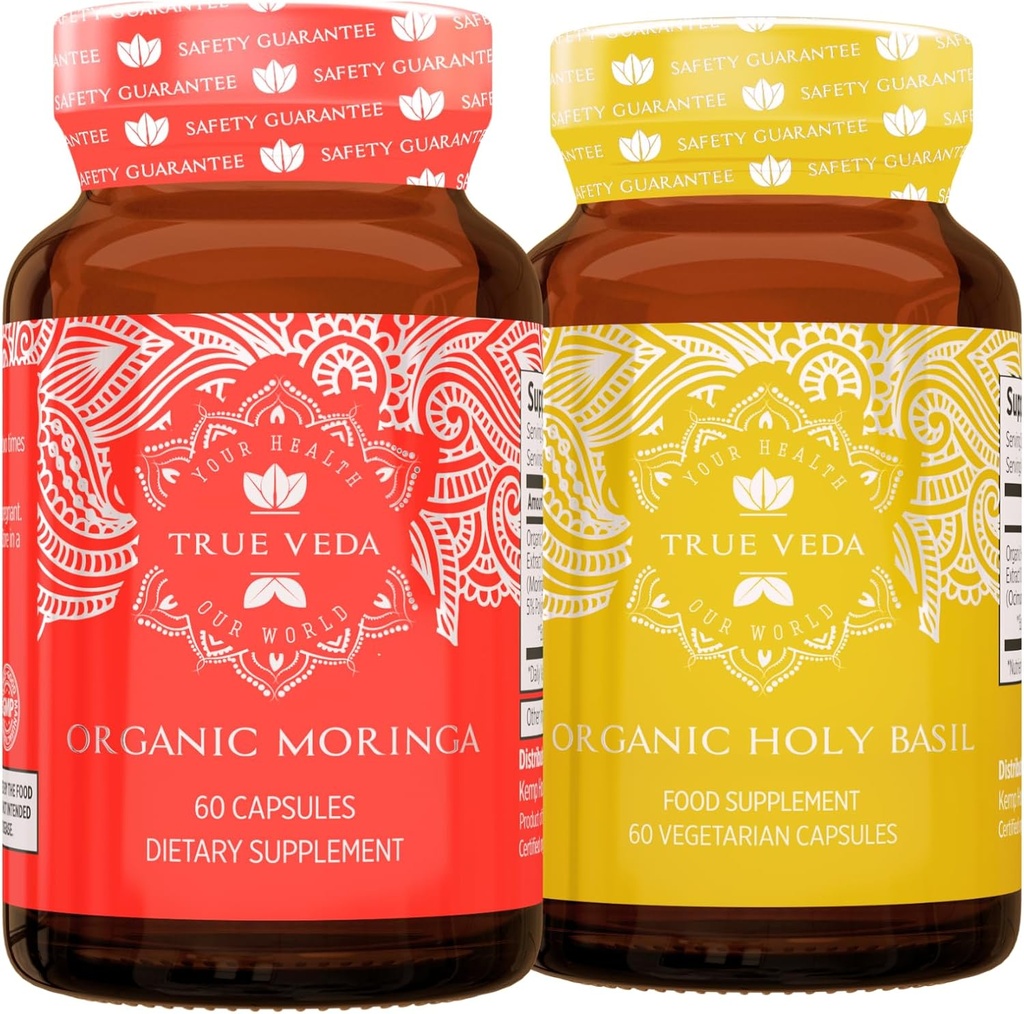True Veda Energize Sche USDA Organic | Multi-Award-Winning | Organik Moringa | Organik Kutsal Basil Capsules