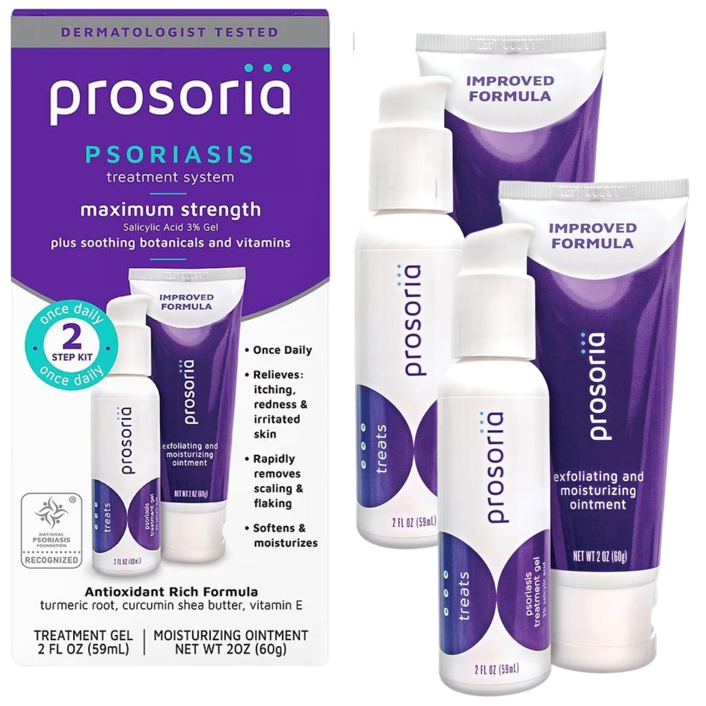 Prosoria Treatment System Double Kit – 2oz | Salicylic Acid, Turmeric, Shea Butter & Vitamins | Gel & Ointment for Scaling, Flaking, Kuruness, Itching & Redness Relief