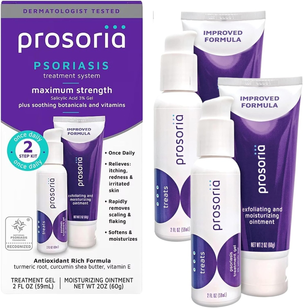 Prosoria Treatment System Double Kit – 2oz | Salicylic Acid, Turmeric, Shea Butter & Vitamins | Gel & Ointment for Scaling, Flaking, Kuruness, Itching & Redness Relief