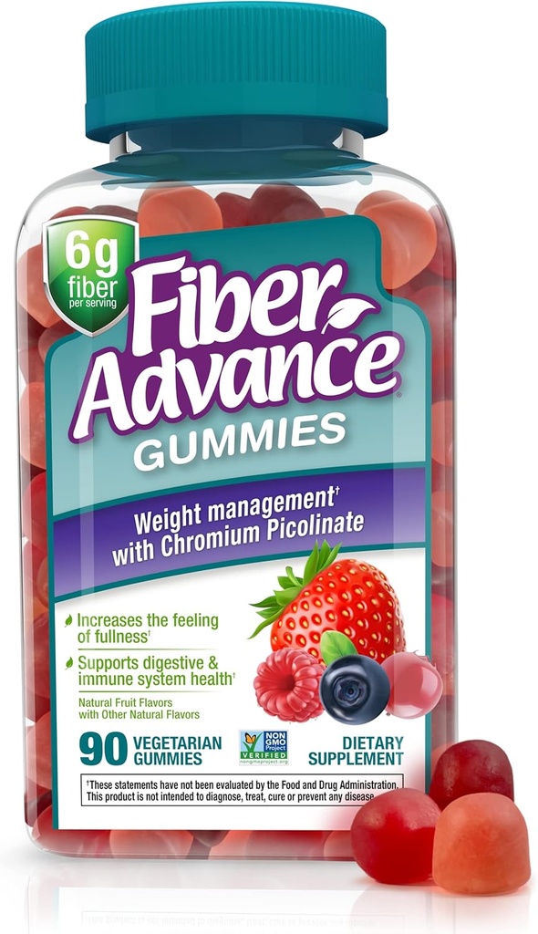 Fiber Advance Kilo Yönetimi Gummies | 100% Plant Based Fiber for Digestive Wellness and Gut Health | Chromium Picolinate for Kilo Management Support, 90 Count Count