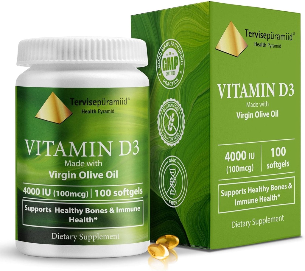 Sağlık Piramit Vitamini D3 4000 Zeytinyağı'nda I Cholecalciferol Kemikler için En İyi Vitamin D Supplement & Immune Support Vitamin D3 Softgel
