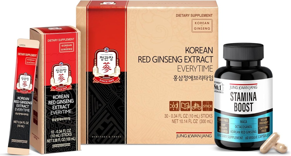 JUNG KWAN JANG Koreli Red Panax Reality Energy Sche - Hertime 3000 mg Sticks (30 Count) & Men's Stamina Boost for Daily Vitality (60 Capsules)