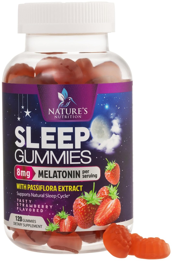 Yetişkin Ekstra Güçlü 8 mg Için Uyku Gummies - Canatonin with Passiflora Extract for Restful Sleep - Fast Acting Melatonin Sleep Gummy Supplement, Vegan, Non-GMO, Tasty Strawberry Flavor - 120 Gummies