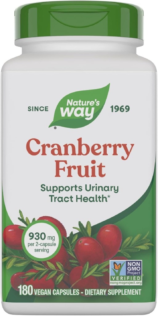Nature's Way Cranberry Fruit, Cranberry Supplements, Supports Urinary Tract Health*, 930 mg per 2-Capsule Serving, 180 Capsules (Packaging May Vary)
