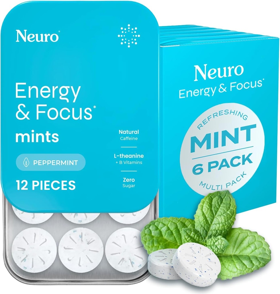 NöroGum Enerji ve Focus Mints (72 Kont-6 Pack, Peppermint) | 40 mg Natural Caffeine + L-Theanine + Vitamin B12 & B6 | Sugar Free Nootropic Cognitive Brain Performance Supplement Supplement Supplement
