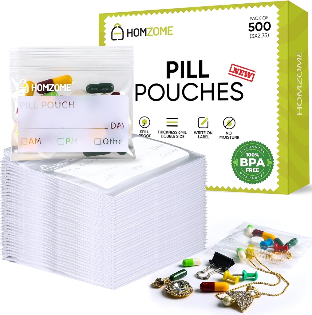 Homezome Pill Pouch Bag 6 milyon Pack of 500-127 Free 3x2.75 inç Reusable Pill Pouches for Medicine with Write on Label Clear Small ziplock Bagls, Jewel ve Travel Pill Organizer