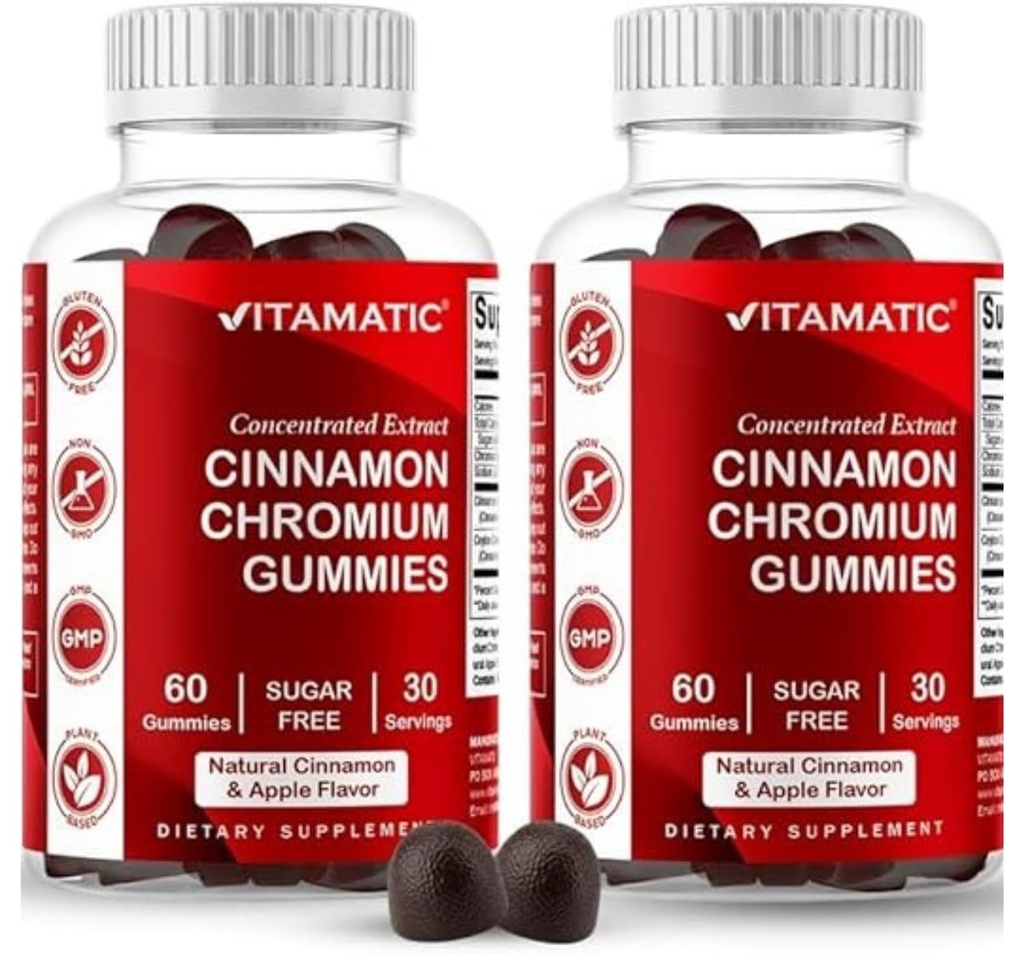 Vitamatic Sugar-Free Chromium Gummies with Ceylon Cinnamon – 2000 mg Equivalent Per Service (Indüksiyon 83 mg) – Non-GMO, Gluten-Free – 60 Vegan Gummies – 2 Pack
