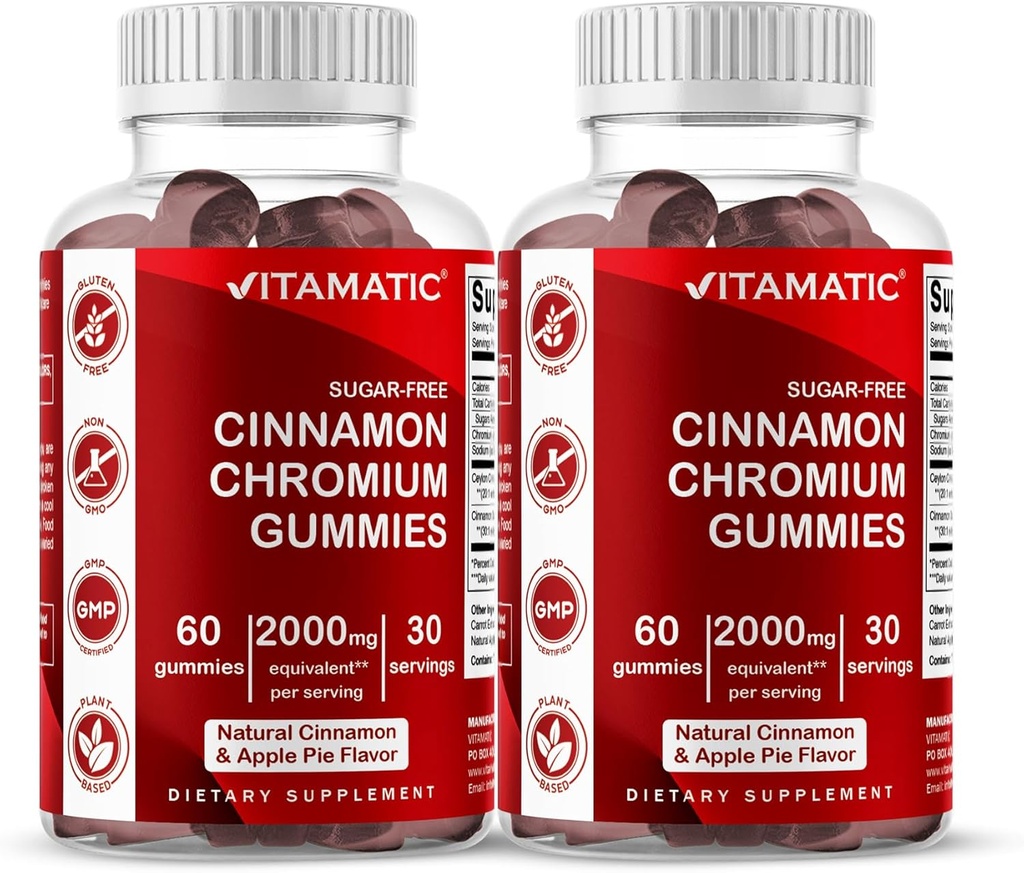 Vitamatic Sugar-Free Chromium Gummies with Ceylon Cinnamon – 2000 mg Equivalent Per Service (Indüksiyon 83 mg) – Non-GMO, Gluten-Free – 60 Vegan Gummies – 2 Pack