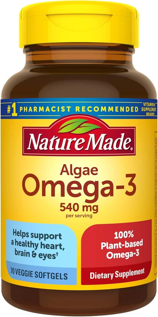 Nature Made Algae Oil Omega 3 Συμπλήρωμα 540mg, Ωμέγα 3 Fish Oil Εναλλακτική, 70 Veggie Softgels, Βιώσιμη, φυτικής βάσης, για υγιή καρδιά, εγκέφαλο, και υποστήριξη ματιών, 70 Softgels