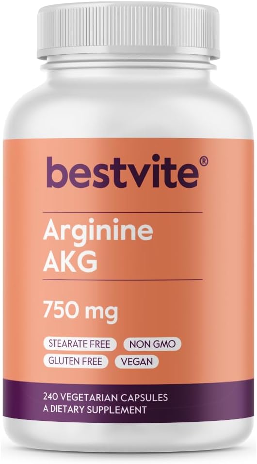 BESTVITE Arginine AKG 750 mg (240 Vejetaryen Capsules) - No Stearates - Vegan - Non GMO - Gluten Free