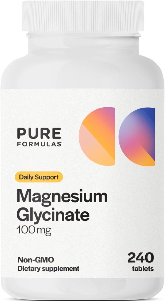 PureFormulas Μαγνήσιο Γλυκινικό 100 mg Ημερήσια Υποστήριξη για το στρες, τα νεύρα, τον ύπνο, τους μυς, Μεταβολισμός Συμπλήρωμα Γλυκινικού Αμιγούς Μαγνησίου για γυναίκες και άνδρες Magnesio Non- GMO 240 δισκία