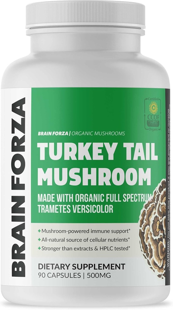 Beyin Forza Organik Türkiye Tail Mushroom Capsules, Mushroom Tozlu Immune Support, Liver ve Digest Health Support, Organic Defense Support, Non-GMO, Vegan, Organik, 90 Capsules